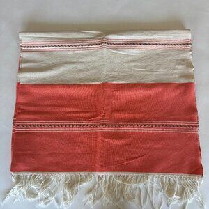 Cream & Orange/Coral Striped Woven Mexican Beach Blanket or Tablecloth